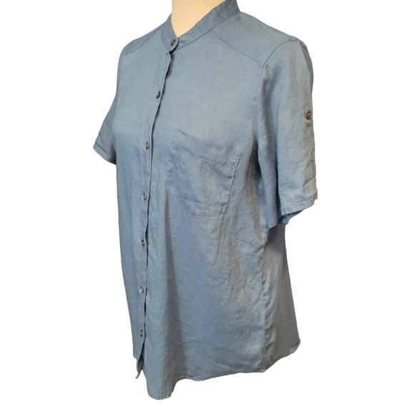 J.Jill Linen Blouse Buttondown Short Sleeve Blue  Casual Career Womens Small - Picture 3 of 11